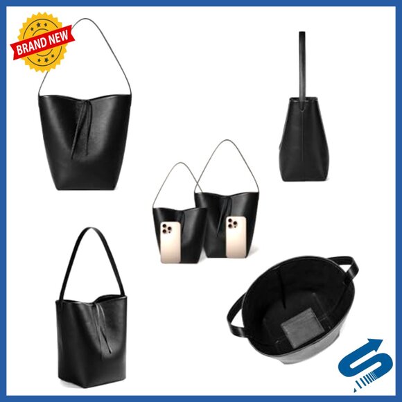 Genuine Leather Bucket Tote Bag with Credit Card Wallet Holder